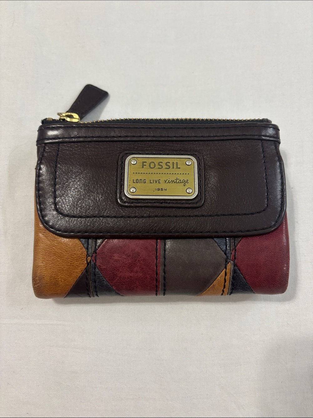 Fossil Brown Multi-Color Leather Zip Wallet